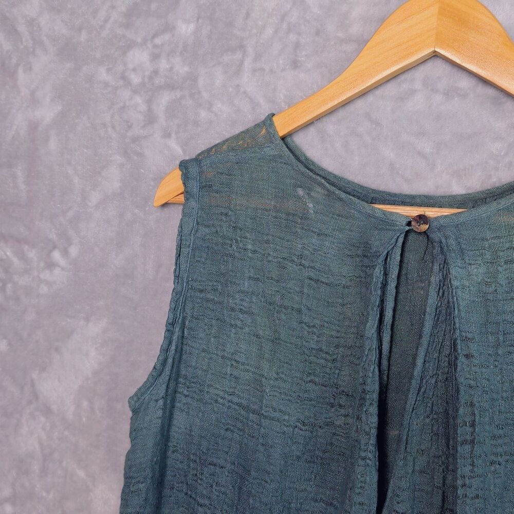 LA BOTTEGA Teal Gauzy Linen Sleeveless Top Size M Hi-Lo Flowy Layer Lightweight - Picture 9 of 13